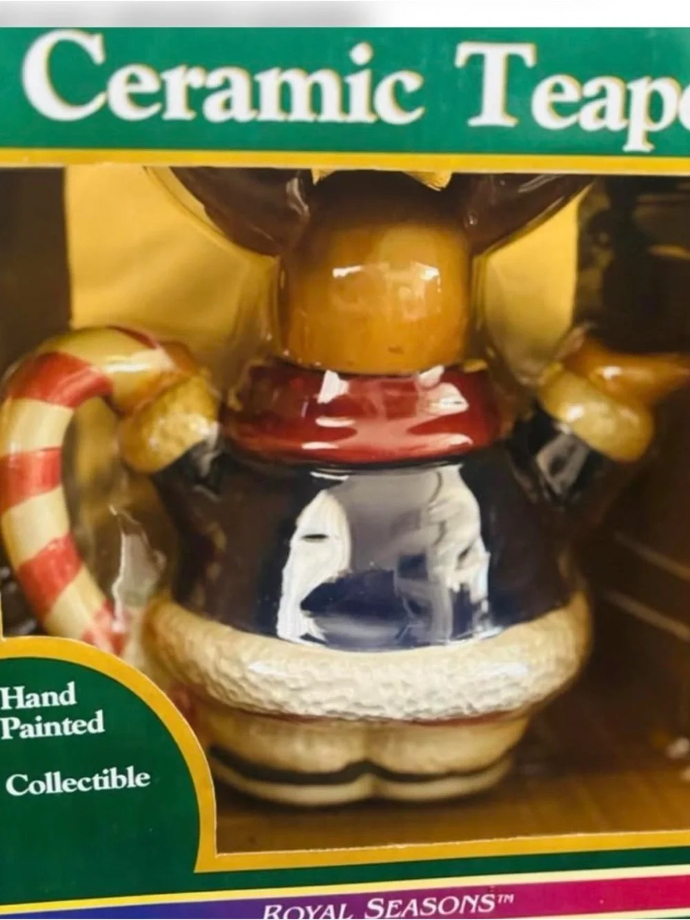 Royal Seasons Hand-Painted Ceramic Reindeer Teapot - Red, Cream, Green - Picture 3 of 6